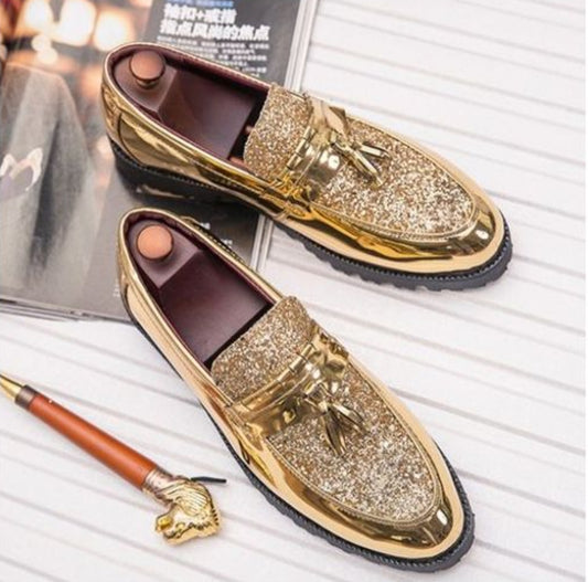 Men's Glossy Golden Tassel Brogue Loafers – Formal Slip-On Dress Shoes